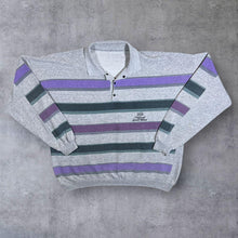 Load image into Gallery viewer, Vintage 90's Turunc Grey Purple Blue Green Multi Striped Collared Sweatshirt