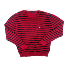 Load image into Gallery viewer, Nautica Embroidered Mini Logo Red Black Striped Cotton Knit Sweater Jumper