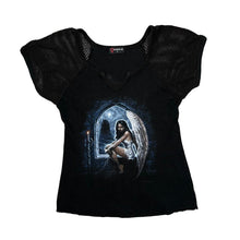Load image into Gallery viewer, Early 00’s SPIRAL DIRECT Gothic Fantasy Fallen Angel Graphic Mesh Sleeve T-Shirt