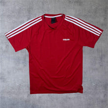 Load image into Gallery viewer, Adidas Classic Three Stripe Mini Spellout Polyester Red Short Sleeve T-Shirt