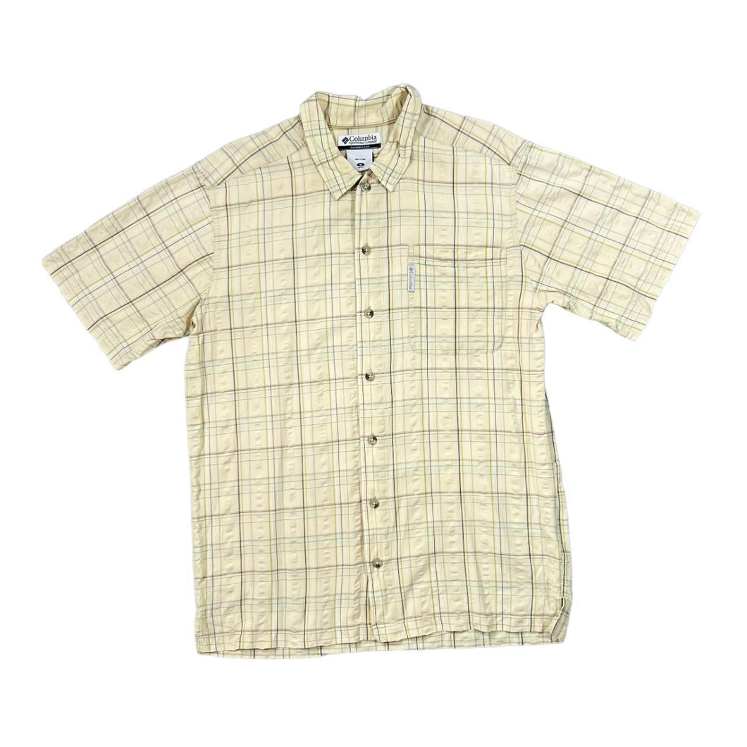 COLUMBIA SPORTSWEAR Classic Cream Plaid Check Short Sleeve Textured Cotton Shirt