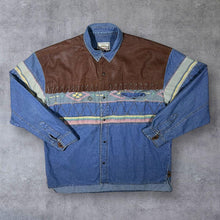 Load image into Gallery viewer, Vintage Stockerpoint Cowboy Western Leather Panel Popper Blue Denim Long Sleeve Shirt