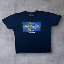 Load image into Gallery viewer, Hard Rock Cafe "Stockholm" Souvenir Flag Logo Graphic Navy Blue T-Shirt