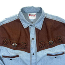 Load image into Gallery viewer, Vintage Stockerpoint Cowboy Western Leather Panel Blue Denim Long Sleeve Popper Shirt
