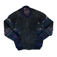 Load image into Gallery viewer, Vintage 90's Black Suede Leather 3D Crazy Knit Panel Button Bomber Jacket