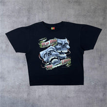 Load image into Gallery viewer, Vintage Joligolf Play Now Pay Later Gothic Skull Spellout Graphic Black T-Shirt