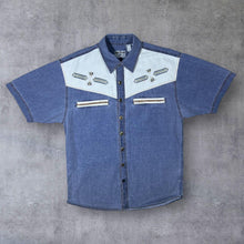 Load image into Gallery viewer, Vintage John Baner Embroidered Cowboy Western Aztec Blue Denim Short Sleeve Shirt