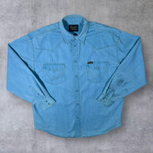 Load image into Gallery viewer, Vintage Wrangler Cowboy Western Washed Blue Popper Cotton Long Sleeve Shirt