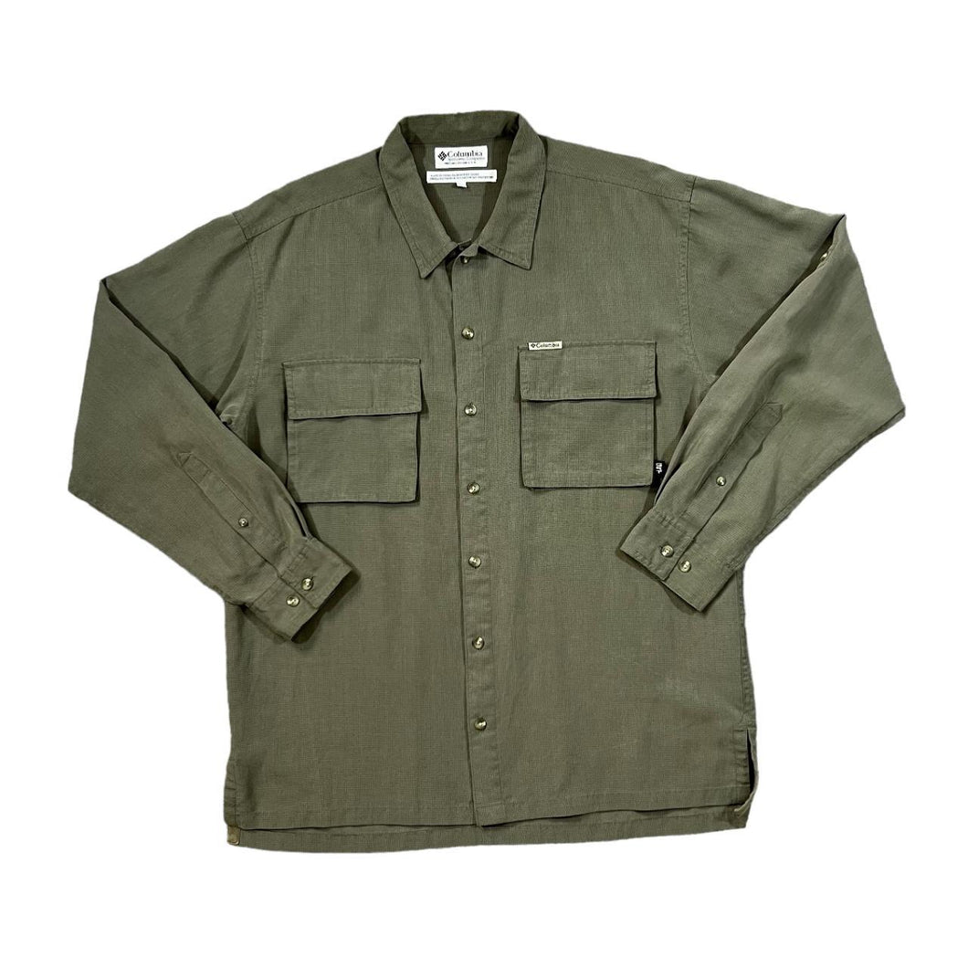 Vintage COLUMBIA SPORTSWEAR Classic Khaki Micro Check Long Sleeve Polyester Rayon Outdoor Shirt