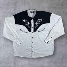 Load image into Gallery viewer, Vintage Stars & Stripes Cowboy Western Embroidered White Black Popper Long Sleeve Shirt