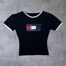 Load image into Gallery viewer, Totty Highflyer Y2K Graphic Spellout Parody Ringer Black T-Shirt