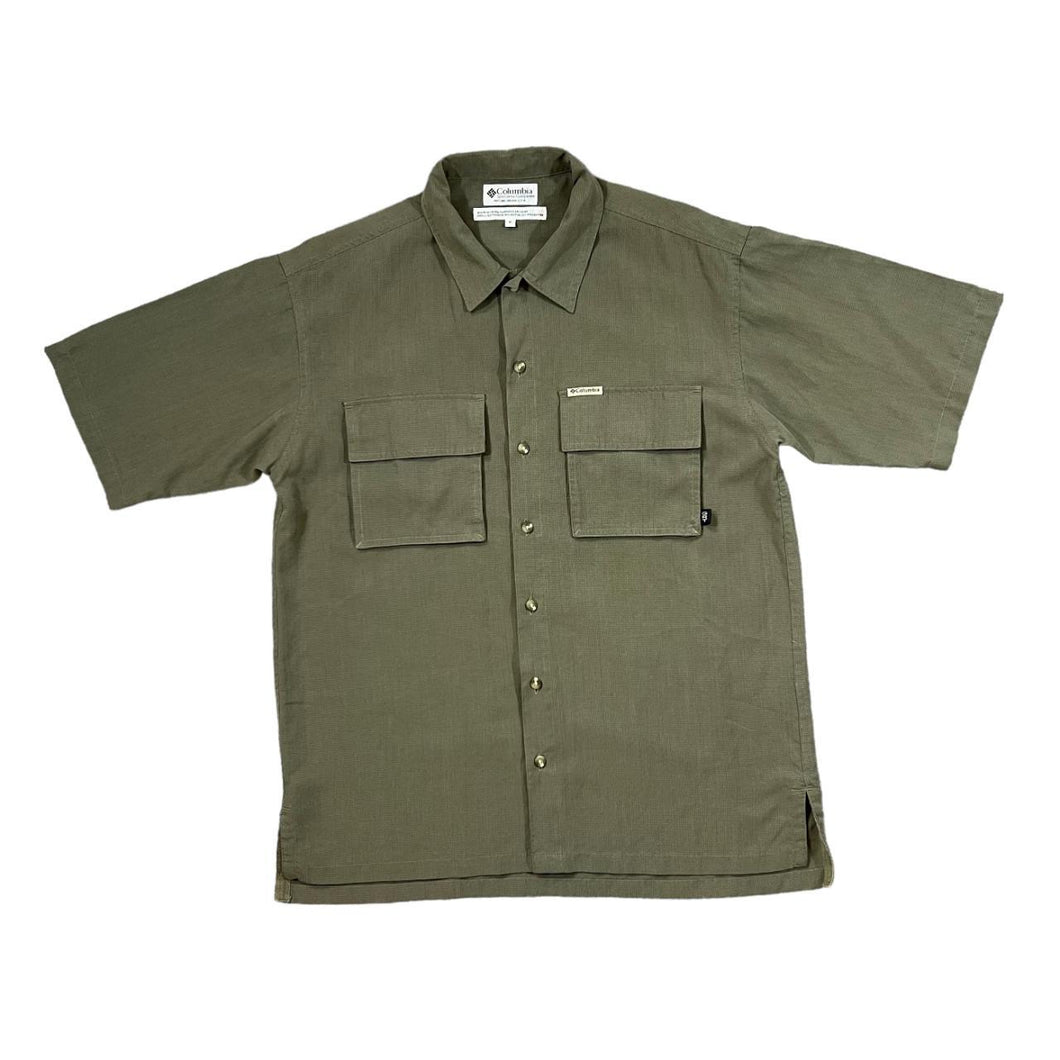 Vintage COLUMBIA SPORTSWEAR Classic Khaki Micro Check Short Sleeve Polyester Rayon Outdoor Shirt