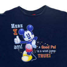 Load image into Gallery viewer, Vintage Disney Jerry Leigh HERE I AM Mickey Mouse Spellout Graphic Navy Blue T-Shirt