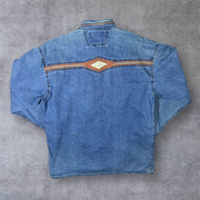 Load image into Gallery viewer, Vintage Shooter Cowboy Western Embroidered Aztec Blue Denim Popper Long Sleeve Shirt