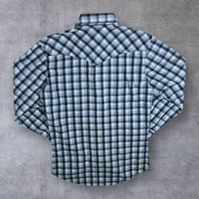 Load image into Gallery viewer, Vintage Wrangler Cowboy Western Black Blue White Plaid Check Popper Long Sleeve Shirt