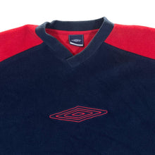 Load image into Gallery viewer, Early 00's UMBRO Embroidered Big Logo Navy Blue Red Fleece V-Neck Sweatshirt