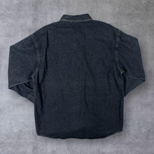 Load image into Gallery viewer, Vintage Faux Brown Leather Panel Cowboy Western Washed Black Denim Long Sleeve Shirt