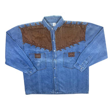 Load image into Gallery viewer, Vintage Cowboy Western Brown Lace Panel Blue Denim Popper Long Sleeve Shirt