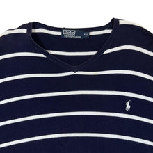 Load image into Gallery viewer, POLO RALPH LAUREN Mini Logo Navy Blue White Striped V-Neck Sweater Jumper