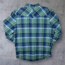 Load image into Gallery viewer, Public Opinion Cowboy Western Blue Green Plaid Check Long Sleeve Popper Shirt