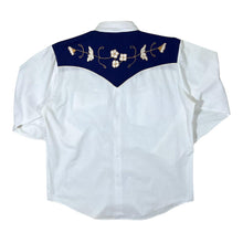 Load image into Gallery viewer, Vintage Cowboy Western Embroidered Floral White Navy Popper Long Sleeve Shirt