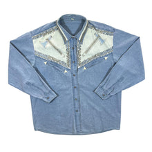 Load image into Gallery viewer, Vintage Cowboy Western Patterned Graphic Blue Denim Long Sleeve Shirt