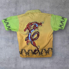 Load image into Gallery viewer, Early 00's Reward Goth Y2K Tribal Dragon Graphic Green Yellow Polyester Shirt