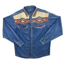 Load image into Gallery viewer, Vintage Forbidden Cowboy Western Panel Blue Denim Long Sleeve Shirt