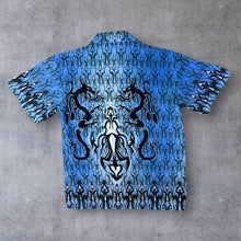 Load image into Gallery viewer, Early 00's Fas Bowly Gothic Y2K Tribal Dragon Patterned Blue Short Sleeve Shirt