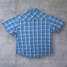 Load image into Gallery viewer, Vintage Wrangler "Wrancher" Blue Plaid Check Cowboy Western Popper Short Sleeve Shirt