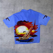 Load image into Gallery viewer, Early 00's Fuhua Nautical Y2K Sunset Graphic Blue Open Collar Shirt