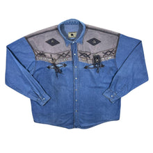 Load image into Gallery viewer, Vintage Running Bear Cowboy Western Blue Denim Long Sleeve Cotton Popper Shirt