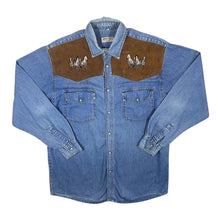 Load image into Gallery viewer, Vintage John F. Gee Cowboy Western Embroidered Horse Blue Denim Popper Long Sleeve Shirt