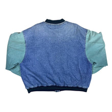 Load image into Gallery viewer, Vintage 90's NORTH CREST Blue Denim Contrast Green Sleeve Padded Bomber Varsity Jacket