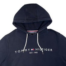 Load image into Gallery viewer, TOMMY HILFIGER "Organic Cotton" Classic Embroidered Big Logo Spellout Navy Blue Pullover Hoodie