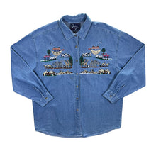 Load image into Gallery viewer, Vintage 90's Let's Quizz Again Noah's Ark Embroidered Animal Blue Denim Long Sleeve Shirt