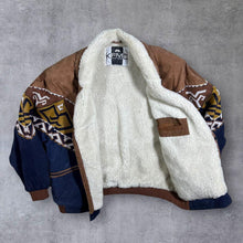 Load image into Gallery viewer, Vintage 90's KFMC Aztec Patterned Woven Panel Suede Leather Fleece Lined Bomber Jacket