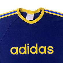 Load image into Gallery viewer, Vintage Adidas Big Spellout Graphic Three Stripe Blue Yellow Cotton Ringer T-Shirt