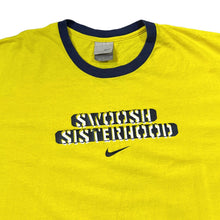 Load image into Gallery viewer, Vintage NIKE "Swoosh Sisterhood" Logo Spellout Graphic Short Sleeve Ringer T-Shirt