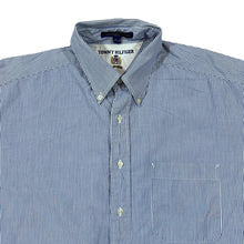 Load image into Gallery viewer, TOMMY HILFIGER Blue White Striped Embroidered Crest Logo Long Sleeve Button-Up Cotton Shirt