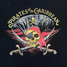 Load image into Gallery viewer, Vintage WALT DISNEY WORLD "Pirates Of The Caribbean" Souvenir Skull Crossbones Spellout Graphic T-Shirt