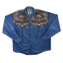 Load image into Gallery viewer, Vintage Running Bear Cowboy Western Blue Denim Popper Long Sleeve Shirt