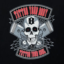 Load image into Gallery viewer, TATTOO YOUR BODY, TATTOO YOUR SOUL Gothic Biker Skull Spellout Graphic T-Shirt