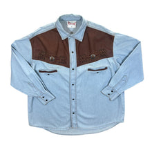 Load image into Gallery viewer, Vintage Stockerpoint Cowboy Western Leather Panel Blue Denim Long Sleeve Popper Shirt