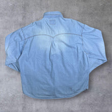 Load image into Gallery viewer, Vintage Stockerpoint Cowboy Western Blue Denim Brown Leather Panel Popper Long Sleeve Shirt