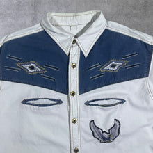 Load image into Gallery viewer, Vintage Cowboy Western Embroidered Aztec Eagle White Blue Short Sleeve Shirt