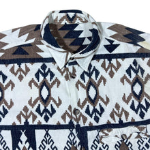 Load image into Gallery viewer, Vintage 90's Aztec Crazy Abstract Patterned White Navy Brown Long Sleeve Flannel Shirt
