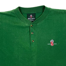 Load image into Gallery viewer, Vintage BECK'S Beer Promo Embroidered Mini Logo Faded Green Henley Button T-Shirt