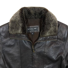 Load image into Gallery viewer, Vintage WOODLAND LEATHER Fleece Collared Brown Real Genuine Leather Zip Bomber Jacket