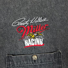 Load image into Gallery viewer, Vintage NASCAR RUSTY WALLACE "Miller Racing" Embroidered Motorsports Washed Black Denim Long Sleeve Button-Up Shirt